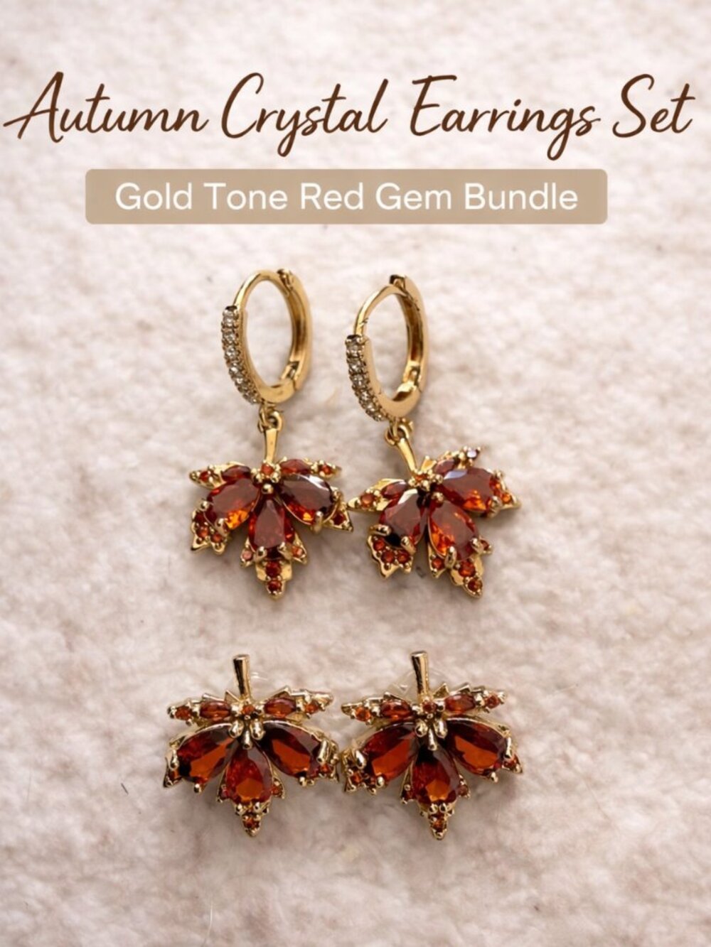 Autumn Gold Tone Red Crystal Earring Set | 2 Pair Bundle